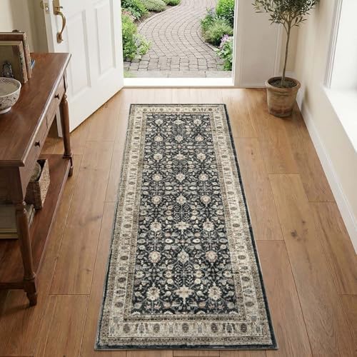 jinchan 2x6 Washable Vintage Runner Rug, Distressed Traditional Floral Kitchen Runner, Soft Low-Pile Non-Slip Floor Mat High-Traffic Aisle Hallway Rug for Entryway Laundry Room Bathroom, Black - color: Oriental Taupe on Black, size: 2' x 6' (Runner)