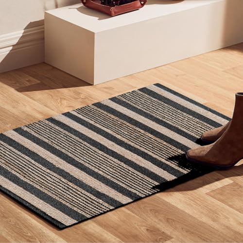 Area Rug Farmhouse 2x3 Feet - Hand Woven Jute Cotton Rug Bohemian Rustic Vintage - Non Slip Floor Rug for Bedroom Living Room Kitchen Dorm Entryway Hallway - Area Rug Natural Black - color: Natural Black, size: 2'x3'