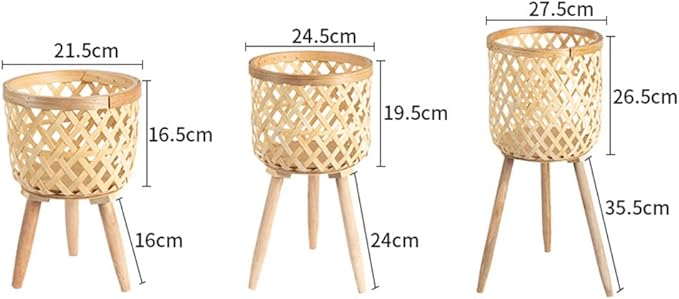 3 Pieces Rattan Woven Indoor Plant Stand, Boho Plant Stand,Woven Plant Pot on Wooden Standing Legs,Indoor/Outdoor Plant Stand for Living Room Balcony Decor