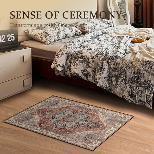 Boho Tribal Area Rug 2x3 Small Entranway Rug Bathroom Doormat Indoor Carpet Farmhouse RugFaux Wool Non-Slip Washable Low-Pile Floor Carpet for Indoor Front Entrance Kitchen Bathroom, Brickred - color: Brickred & Multi, size: 2' x 3' (Rectangular)