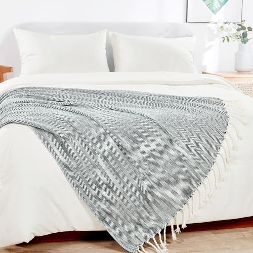 Herringbone Knitted Two Tone Throw Blankets with Braided Tassel Fringe, Boho Farmhouse Lightweight Turkish Throw Blanket for Couch Bed Sofa, Picnic, Yoga, Outdoor Blanket, 50 x 60 Inch, Dark Teal - color: Dark Teal