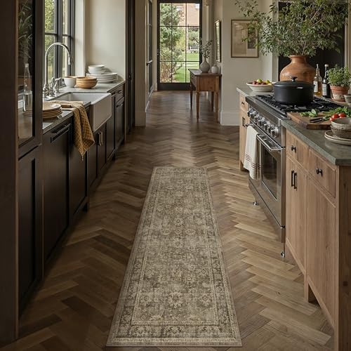 HUGEAR 2x6 Runner Rug Brown Machine Washable Rug Room Decor Vintage Distressed Hallway Rugs Low Pile Carpet Non Slip Washable Rugs for Kitchen Laundry Room Living Soft Lightweight - color: A| Brown, size: 2' x 6' (Runner)