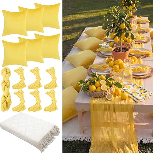 Beeveer 91 x 71 Extra Large Outdoor Boho Picnic Blanket with Yellow Table Runner, 6 Throw Pillow Covers 6 Napkins Woven Cotton Yarn Oversize Beach Blanket Washable Picnic Camp Wedding - color: Yellow