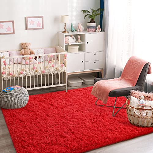 Jelymark Super Soft Shaggy Rug for Bedroom, 5x8 Feet Fluffy Carpet for Living Room, Fuzzy Indoor Plush Area Rug for Home Decor, Furry Floor Rugs for Dorm, Kids Nursery Rug for Girls, Red - color: Red, size: 5' x 8' (Rectangular)