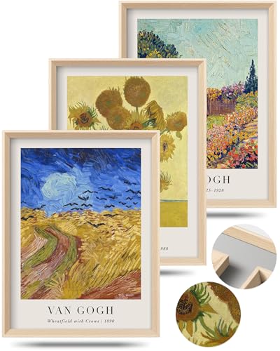 HesenDot Van Gogh Framed Wall Art Set of 3, 12x16 Inch Canvas Prints, Wheatfield, Sunflowers, Landscape Paintings, Vintage Artwork Posters Home Decoration for Living Room Bedroom Gallery Office - color: Framed Van Gogh Landscape Set, size: 16"L x 12"W