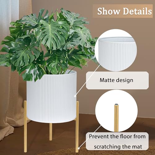 ARNIS Modern Planter Pots, Set of 2 Round Large Planters with Stand, Decorative Floor Planters, Metal Pots with Drainage Holes for Living Room, Office, Garden or Balcony, 8.25 &10.5 Inch, White & Gold - color: White, size: 8.25 &10.5