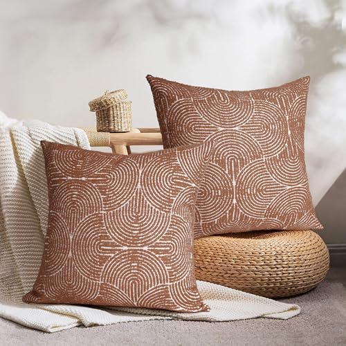 AELS Boho Decorative Textured Throw Pillow Covers 22x22, Modern Mid Century Rainbow Tufted Pillow Case, Farmhouse Rustic Geometric Woven Cushion Case for Bed Couch Sofa, Burnt Orange - color: Burnt Orange, size: 22" x 22" (Pack of 2)