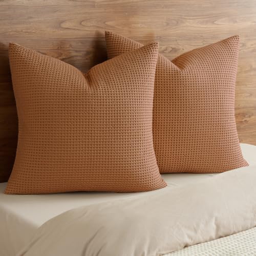 PHF 100% Cotton Waffle Weave Euro Shams 26" x 26", No Filling, 2 Pack Elegant Home Decorative Euro Throw Pillow Covers for Bed Couch Sofa, Cinnamon Brown - color: Cinnamon Brown, size: 26" x 26" (Pack of 2)