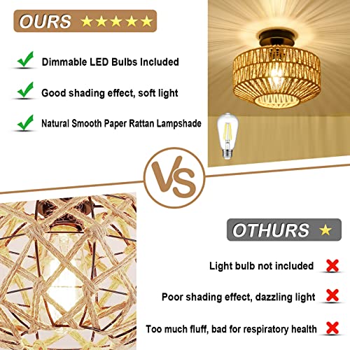Boho Light Fixtures Ceiling Mount,Mini Rattan Chandelier Light Fixture with Dimmable LED Bulb,Hand Woven Ceiling Light Fixtures Flush Mount for Hallway Bedroom Kitchen Entryway Living Room - color: B-brown