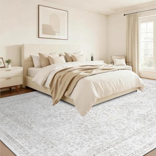 10x14 Area Rugs for Living Room: Washable Large Vintage Floral Rug Low Pile Non-Slip Boho Carpet for Bedroom Home Office Dining Room (FloralGrey, 10'x14') - color: Floral Grey, size: 10' x 14' (Rectangular)