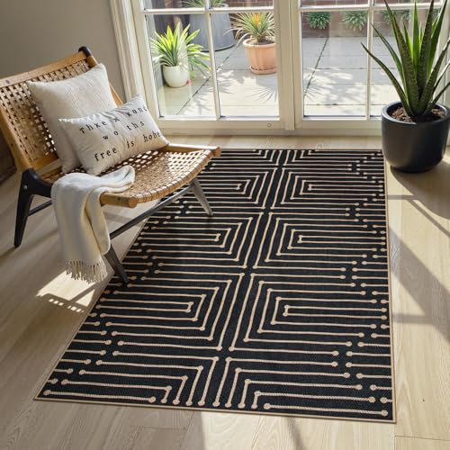 Lahome Boho 3x5 Easy Jute Rugs for Entryway, Black and White Outdoor Rug for Patio, Maze Lines Modern Indoor Outdoor Rugs, Non Slip Stain Resistant Front Door Carpet for Porch Balcony - color: Lines-black, size: 3' x 5' (Rectangular)