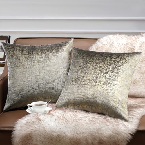Phantoscope Pack of 2 Sparkling Velvet Geometric-Pattern Throw Decorative Pillow Cover Soft Gold Glitter Square Cushion Cover Pillowcase for Couch Bed and Chair, Grey, 18 x 18 inches, 45 x 45 cm - color: Grey and Gold, size: 18" x 18" (Pack of 2)
