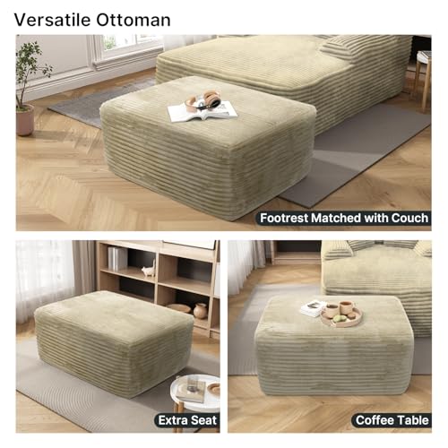 37'' Oversized Ottoman Bench, Plush Corduroy Poufs Foot Tool, Fluffy Boneless Couch Footrest Padded Seat, Seat Cube for Living Room No Assembly (Beige)
