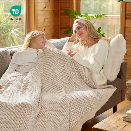 Snuggle Sac Cream Waffle Throw Blanket for Couch Bed Sofa 50x60 inches, Reversible Beige Blanket Microfiber Fluffy Fuzzy Cozy Knit Soft Throws for Women Mothers Birthday Gifts - color: Waffle Beige Cream, size: Throw(50"x60")