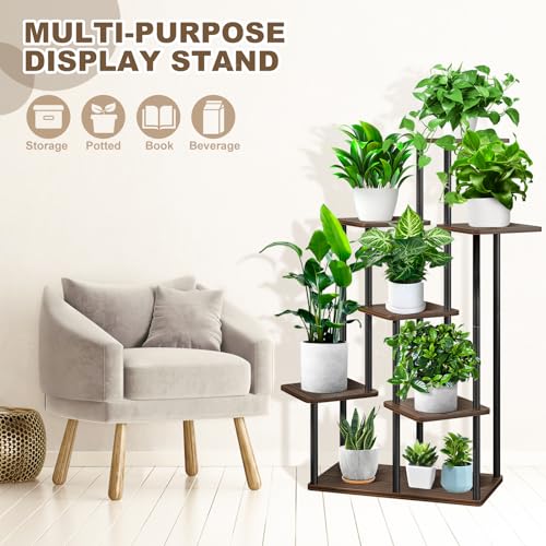 7 Tier Plant Stand Indoor, Thickened Metal Wood Corner Plant Shelf Stands for Multiple Plants, Indoor Tall Plants Stand Tiered Flower Holder for Living Room Patio Garden Balcony(Black+Oak) - color: Black+Oak, size: 7 Tier