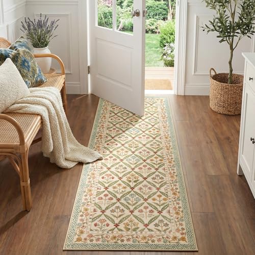 jinchan Haden Runner Rug 2x6 Vintage Floral Washable Hallway Rug for Entrance Kitchen Soft Non-Slip Low Pile Bedside Laundry Room Cottage Warm Indoor Decor Teal Blue - color: Teal Blue, size: 2' x 6' (Runner)