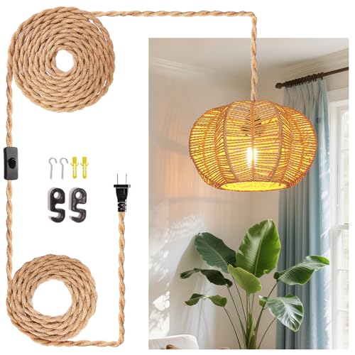 Hanging Light Fixture with Plug in Cord with on Off Switch, Rattan Pendant Lights Boho Lamp Ceiling Light, Plug in Pendant Light Hanging Lamp Shades for Living Room Decor Bedroom Kitchen - size: 11.8 Inch-Ball Cactus Shade