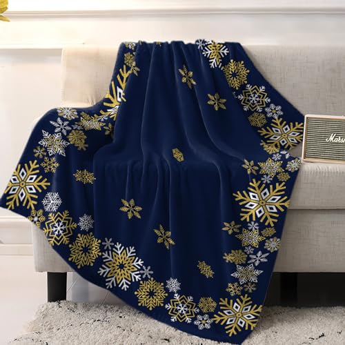 Gold White Snowflakes Christmas Throw Blankets, Winter Xmas Holiday Soft Fleece Blanket Decorative for Home Sofa Couch Chair Living Bedroom,40x50 Inches, Navy Blue - color: Christmas-hzf05874, size: 40x50 Inch