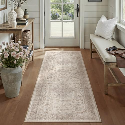 PureCozy Beige 2x6 Runner Rug Washable Hallway Vintage Carpet Low Pile Non Slip Distressed Soft Traditional Retro Oriental Long Accent Throw Rug for Kitchen Bedroom Laundry Bathroom Dining Room - color: Antique | Beige, size: 2' x 6' (Runner)