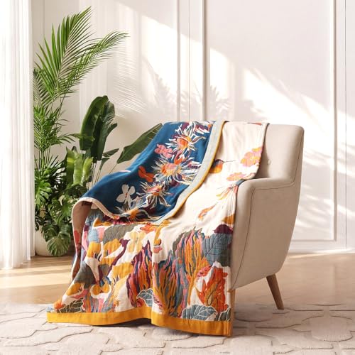 LUTBM Boho Throw Blanket for Couch 100% Cotton Soft Breathable Butterfly and Floral Embroidery Summer Throw Blanket,50"x60" All Season Reversible Throws for Sofa Chair Bohemian Decor for Livingroom - color: Boho-floral-h, size: 50"×60"