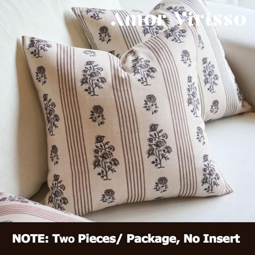 Amor Virisso Floral Throw Pillow Covers 20x20 Set of 2 Block Print Pillow Covers Neutral Floral Striped Farmhouse Decorative Pillow Covers for Sofa Couch Bed, Brown - color: Brown, size: 20" x 20" (Pack of 2)