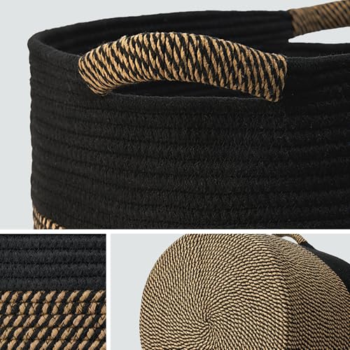 Blanket Basket (16" Dx14 H) - Round Woven Rope Storage for Living Room Throws, Pillows & Laundry- Black/Mixed Jute - color: Black/Mixed Jute, size: 16" X 16" X 14"