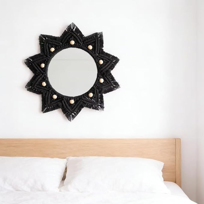 Boho Wall Hanging Mirror Macrame Bohemian Round Mirror for Bedroom Living Room Apratment