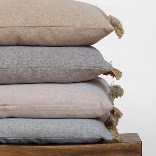 Decorative Throw Pillow Covers, Set of 4, 16x20 Inch Lumbar Beige Fringed Linen Accent Pillow Covers, Light Grey - color: Light Gray