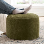 Upholstered Round Ottoman Set of 2, Green Pouf Ottoman, Modern Footstool with Soft Padded Seat & Solid Wood Frame, Multifunctional Vanity Stool Accent Seat for Living Room and Bedroom, Chenille - color: Green Chenille, size: Set of 2