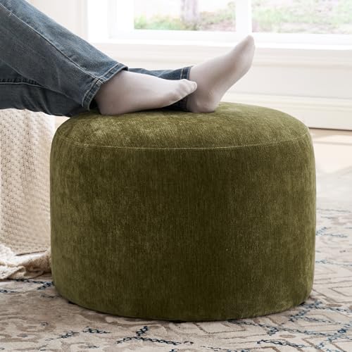 Upholstered Round Ottoman Set of 2, Green Pouf Ottoman, Modern Footstool with Soft Padded Seat & Solid Wood Frame, Multifunctional Vanity Stool Accent Seat for Living Room and Bedroom, Chenille - color: Green Chenille, size: Set of 2