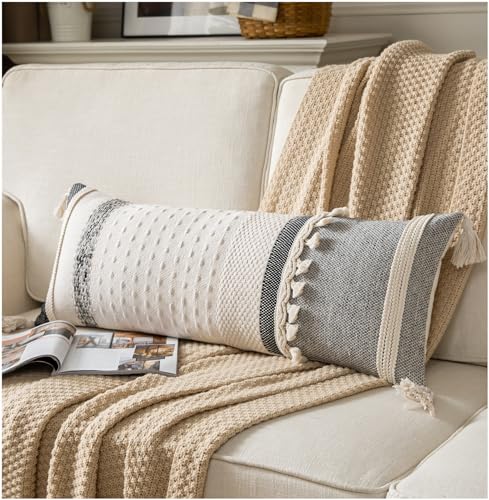 Caflife Boho Lumbar Throw Pillow Cover 14X36 Long Decorative Pillows for Bed, Black Beige Woven Body Pillow Cover for Farmhouse Chair Sofa Bedroom Living Room Home Decor Couch Cushion Case, Pack of 1 - color: Black Beige, size: 36" x 14" (Pack of 1)