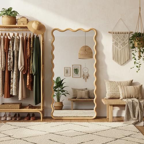 Full Length Mirror, 55"x28" Boho Wavy Wood Floor Mirror, for Bathroom, Bedroom, Living Room, Cloakroom, Entryway - size: 55"L x 28"W