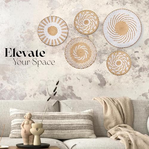 Crafts Central Boho Wall Basket Decor with Included Wall Hooks – Rattan Hand Crafted Wall Art - Bohemian Rustic Home Décor for Kitchen, Living Room, and Bedroom - Set of 5 Woven Baskets