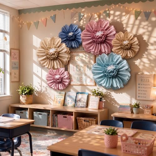 Giegxin 6 Pcs 31.5", 24" Boho Giant Paper Flowers Back to School Bulletin Board Decoration Large Pink Blue Classroom Tissue Flowers for Wall DIY Photo Backdrop Classroom First Day of School Party - color: Blue,Pink,Brown, size: 31.5", 24"