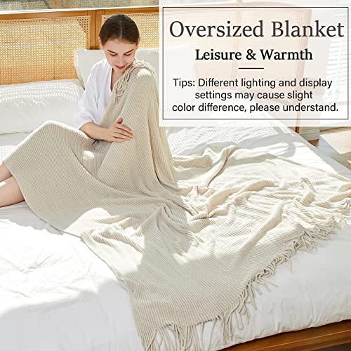 Blagic Knitted Throw Blanket for Couch Soft Farmhouse Boho Throw Blanket with Tassels Home Decorative Lightweight Throw Blankets,Cream White Throws for Bed/Chair/Sofa, Stripe Textured, 60" W x 80" L - color: J-creamy White, size: 60 × 80 in