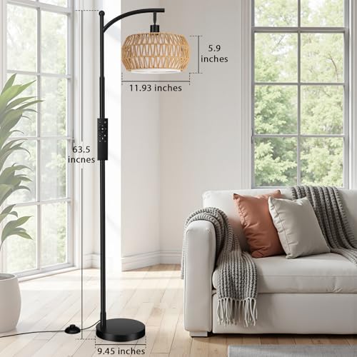 Ambimall Arc Floor Lamp for Living Room with Remote, Color Temperature & Brightness Adjustable, Bohemia Standing Lamp with Rattan & Fabric Double Drum Shades, Bulb Included(Black) - color: Black Bohemian