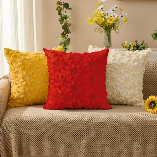 DFXSZ Spring Summer Pillow Covers 18x18 inch Set of 2 Farmhouse Decor Brown Flower Heart Sunflower Red Soft Plush Faux Fur Jacquard Throw Pillows for Sofa Holiday Spring Home Decor PTK024K18 - color: Red, size: 18" x 18" (Pack of 2)