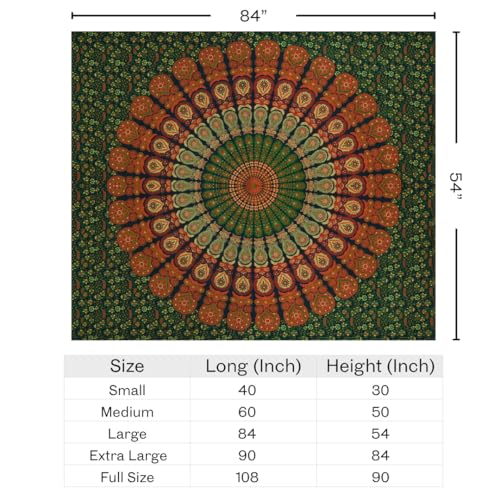 FURNISHFUL FINESSE Handmade Cotton Peacock Mandala Tapestry - Indian Boho Wall Decor, Bohemian Hippie Room Hanging for Bedroom & Living Room- 54x84 Inches, (Golden Green) - color: Golden Green, size: 84"L x 54"W