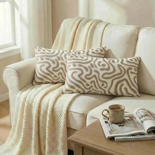 Mantle & Mason Lumbar Pillow Covers 12x20 Set of 2, Chenille Modern Abstract Throw Pillow Covers, Beige Luxury Textured Decorative Pillow Cover for Couch Sofa Bed Office - color: Artflow Beige, size: 20" x 12" (Pack of 2)