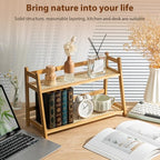 Yalikop 2 Pcs 17.7 Inch 2 Tier Matcha Station Shelf Bamboo Coffee Mug Stand Countertop Storage Rack, Double Layer Rattan Office Cup, Kitchen, Tea, Plant, Bar Accessories Condiment Display (Wood)