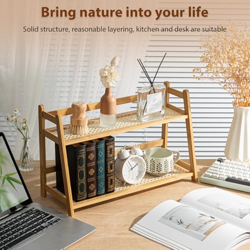Yalikop 2 Pcs 17.7 Inch 2 Tier Matcha Station Shelf Bamboo Coffee Mug Stand Countertop Storage Rack, Double Layer Rattan Office Cup, Kitchen, Tea, Plant, Bar Accessories Condiment Display (Wood)