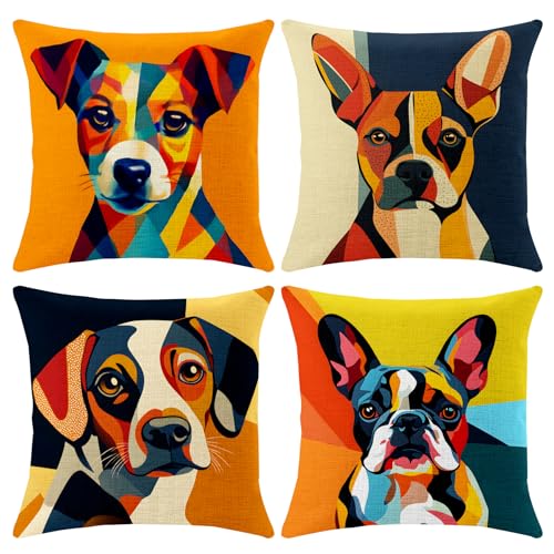 BVBOX Set of 4 Linen Throw Pillow Covers 18"x18", Soft Flax Dog Puppy Geometric Abstract Pop Art Decorative Pillow Cases, Double-Sided Modern Pillow Covers for Bed, Sofa, Couch, Living Room, Bedroom - color: Puppy