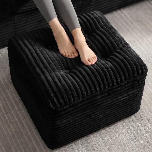 23.6in Pouf Ottoman, Corduroy Ottoman Foot Rest with Dual‑Layer Support, Large Poofy Pouf with Soft Chunk‑Foam Top & Firm Foam Base, Floor Foot Stool for Living Room, Black - color: Black