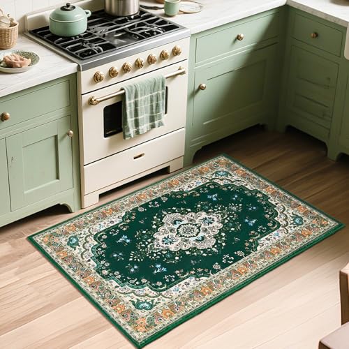HOMORE 2x3 Area Rug Small Green Rugs for Bedroom, Washable Rug for Entryway, Faux Wool Non Slip Low Pile Indoor Door Mat for Entrance Small Kitchen Rugs Vintage Floral Rug for Living Room Dorm Decor - color: Deep Green, size: 2' x 3' (Rectangular)