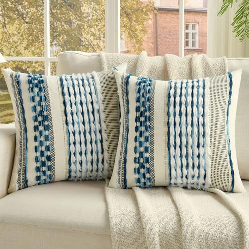 FUTEI Pack of 2 Boho Chenille Decorative Throw Pillow Covers 20x20 Inch Soft Plush Tufted Striped Textured Cushion Case,Farmhouse Accent for Couch Bed Living Room, Blue - color: Blue, size: 20" x 20" (Pack of 2)