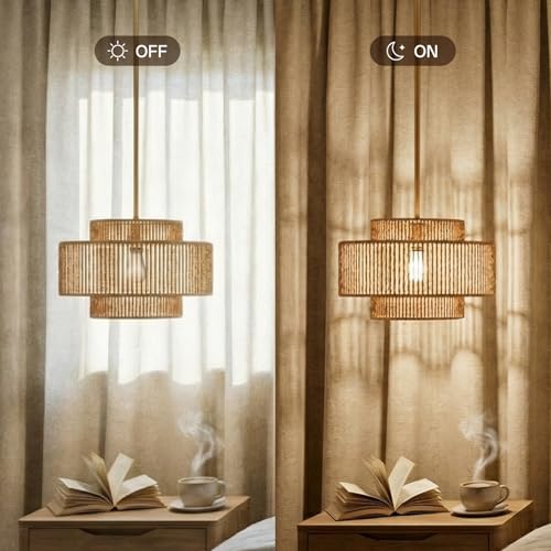 Boho Rattan Pendant Light, 12.6" Hand-Woven Wicker 1-Light Chandelier with Gold Metal Finish, Adjustable Hanging Ceiling Lamp for Kitchen Island, Dining Room, Bedroom, Coastal Farmhouse