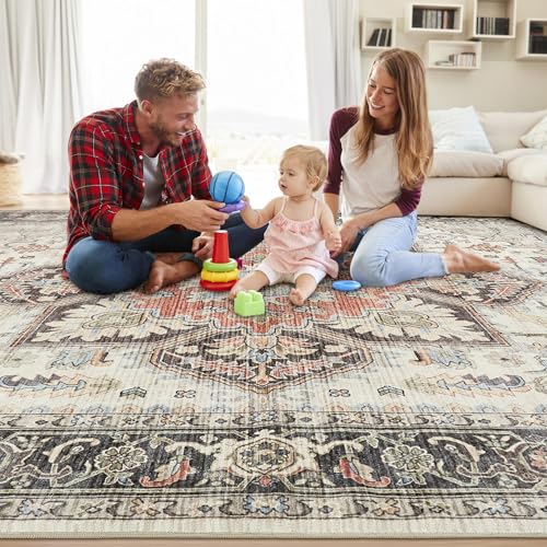 Area Rug 10x14 for Living Room, Medallion Printed Ultra-Thin Soft Large Carpet, Oriental Non Slip Big Washable Fade Stain Resistant Rugs for Bedroom Dining Room Home Office Decor - color: Multi Cream, size: 10' x 14' (Rectangular)