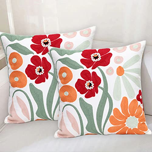 Pack of 2 Embroidered Decorative Throw Pillow Cover 18x18 Inch Farmhouse Floral Pillowcase for Living Room Sofa Bed (Romantic Flower) - color: Romantic Flower