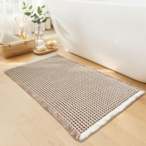 Waffle Bath Mat - Boho Bathroom Rugs Non Slip Washable, Super Absorbent & Quick Dry, Soft Bath Mat Farmhouse Bathroom Decor, 20'' x 32'', Khaki and White - color: Khaki & White, size: 20'' X 32''