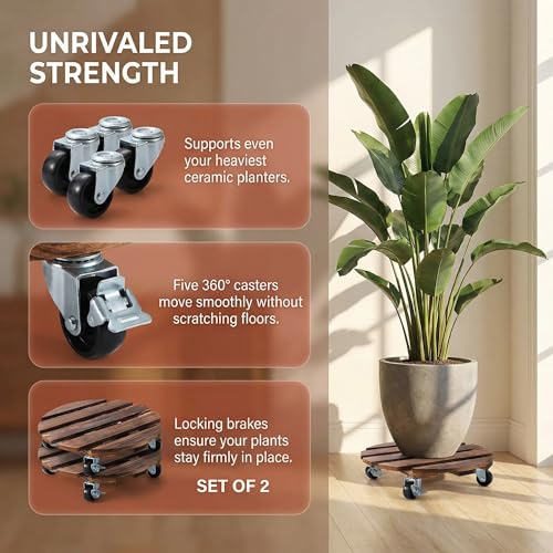 ZXZYHFTY Round Original Wooden Plant Stand with Wheels, 2 Packs Rolling Plant Stand with 360°Lockable Wheels for Vertical Garden Towers, Vertical Planting Tanks, Plant Pots, Wastebaskets (12") - color: Brown, size: 12"
